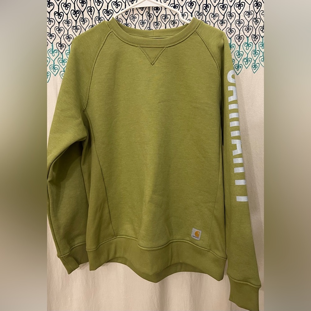 Carhartt Women Relaxed Midweight Crewneck Block Logo Sleeve Graphic sweater.